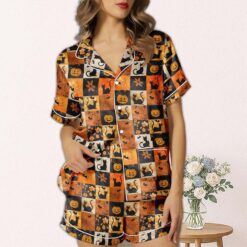 Pumpkin Black Cat Halloween Satin Pajamas Set