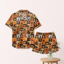 Pumpkin Black Cat Halloween Satin Pajamas Set